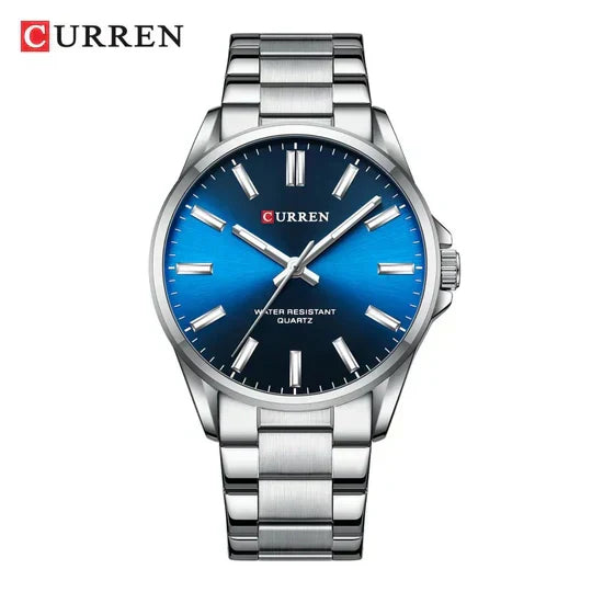 Reloj Curren 9090G de cuarzo con esfera de color Plateado Azul, caja y pulsera de acero inoxidable, cristal Hardlex y manecillas luminiscentes para el hombre moderno