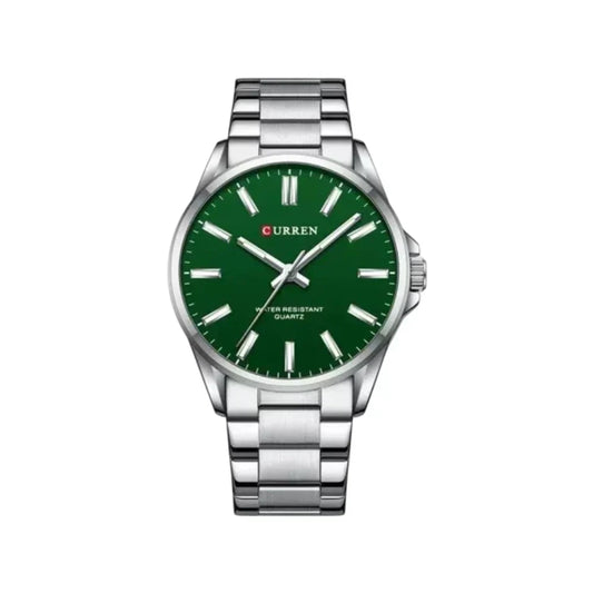 Reloj Curren 9090G de cuarzo con esfera de color Plateado Verde, caja y pulsera de acero inoxidable, cristal Hardlex y manecillas luminiscentes para el hombre moderno