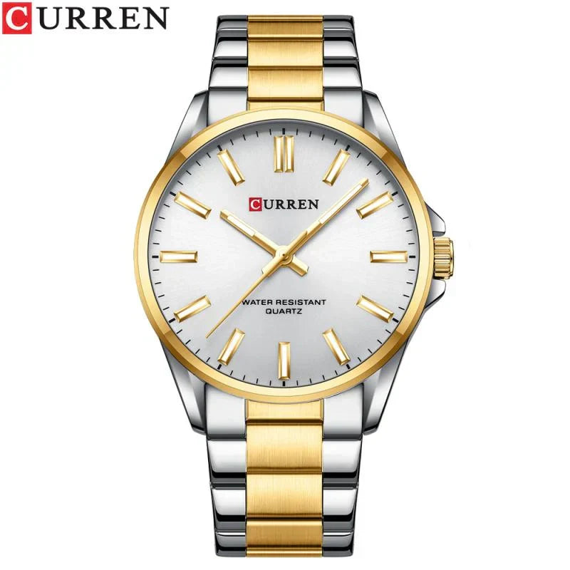 Reloj Curren 9090G de cuarzo con esfera de color Plateado Blanco, caja y pulsera de acero inoxidable, cristal Hardlex y manecillas luminiscentes para el hombre moderno