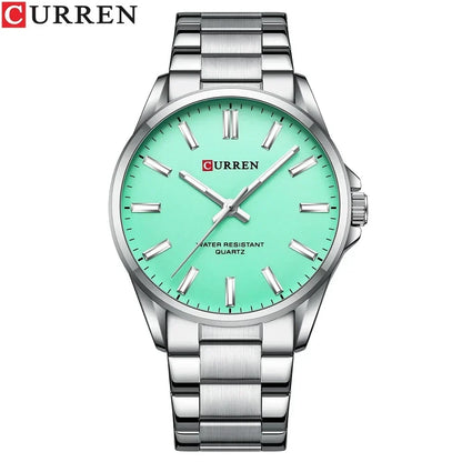 Reloj Curren 9090G de cuarzo con esfera de color Plateado Turquesa,, caja y pulsera de acero inoxidable, cristal Hardlex y manecillas luminiscentes para el hombre moderno